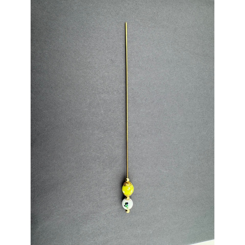 Vintage‎ Style Yellow White Glass Bead Stick Hat Pin Gold Tone Metal